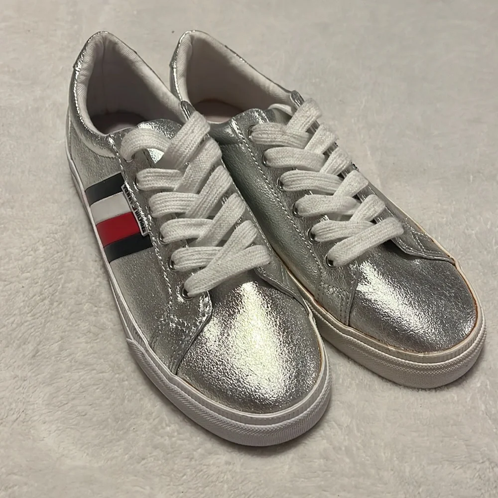 Tommy Hilfiger Silver Metallic Sneakers with Red, White & Navy Stripe